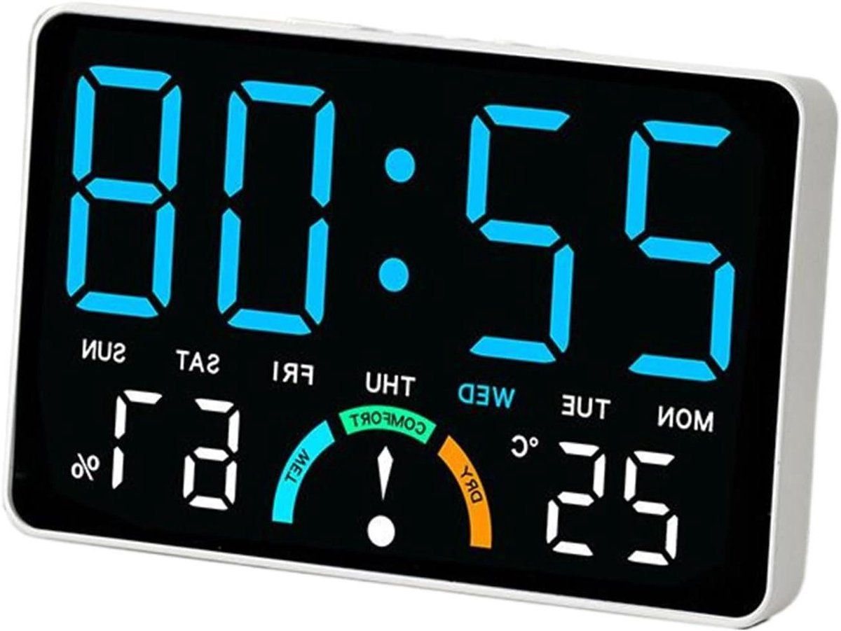 Digitale Wekker - Wandklok Datum - Realtime Bewaking - Milieu Monitoring - 16x10cm - Wit Blauw