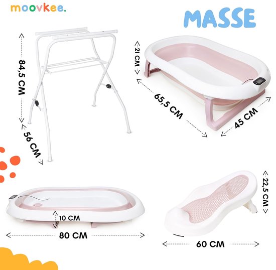 moovkee. Babybad met Standaard 80 cm - Opvouwbare Babybadewanne Roze met Thermometer, Badesitz en Afvoersysteem - Veilig Babybad voor Pasgeborenen van Moovkee — afbeelding 5
