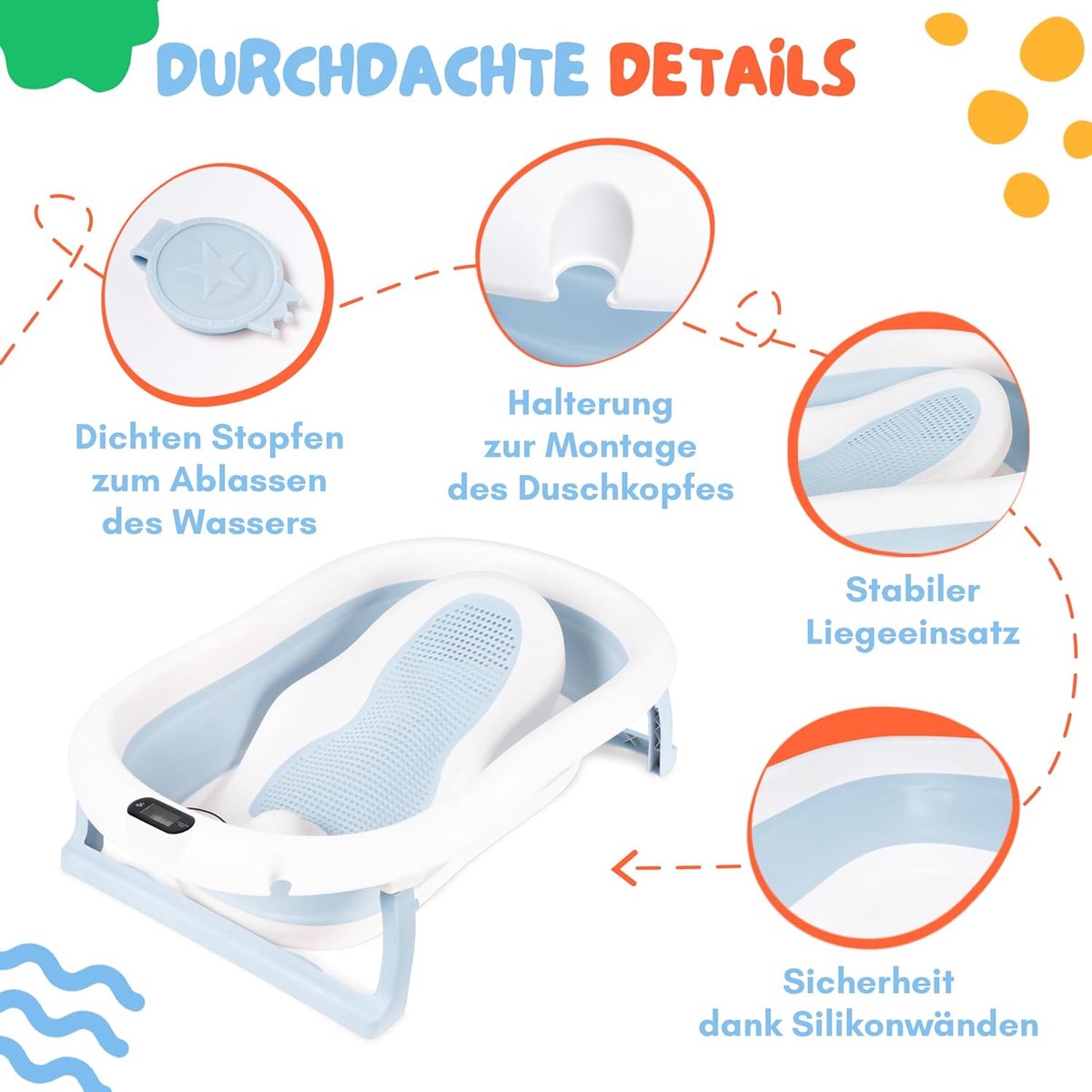 moovkee. Opvouwbaar Babybad 80 cm Blauw - Babybadewanne met Thermometer en Badesitz - Antislip Draagbare Babybadkuip voor 0-36 Maanden thumbnail 2