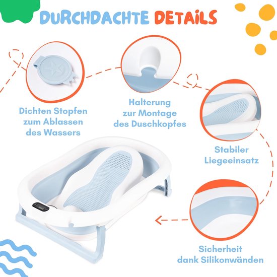 moovkee. Opvouwbaar Babybad 80 cm Blauw - Babybadewanne met Thermometer en Badesitz - Antislip Draagbare Babybadkuip voor 0-36 Maanden van Moovkee — afbeelding 2