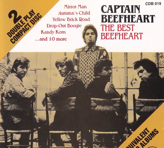 Albumhoes met 'Captain Beefheart The Best Beefheart'. Vier mannen zitten aan tafels, één staat achter hen met een patroon shirt.