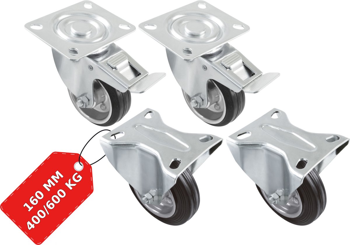 AMIG Transportwielen 160mm Set van 4 Rem+Bok - 600kg Rubber Rollager
