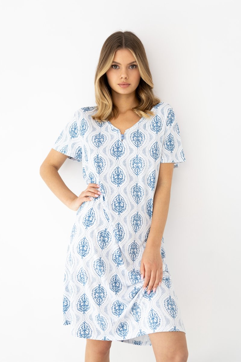 S& Sensis Sensis Viscose Nachthemd Dames Ornamentprint Korte Mouw Blauw JAZMIN 44 / Wit