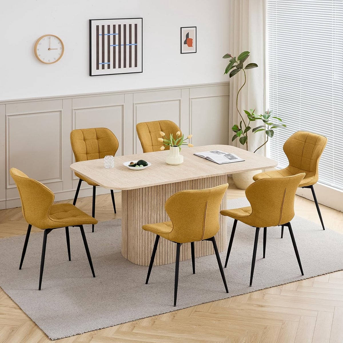 Eettafel 160 cm - Moderne Rechthoekige Keukentafel voor 6 Personen geel Houtlook met Zware Design Zuilvoet - 160x90x76 cm - Vermissen