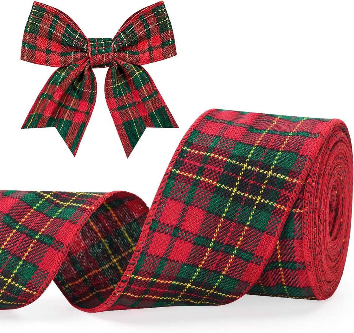 Burlap Lint met Draad, 6.3 cm Breed, 10 m Jute Lint voor Kerstdecoratie, Cadeaus en DIY Strikken, Rood en Groen, Geruit Design