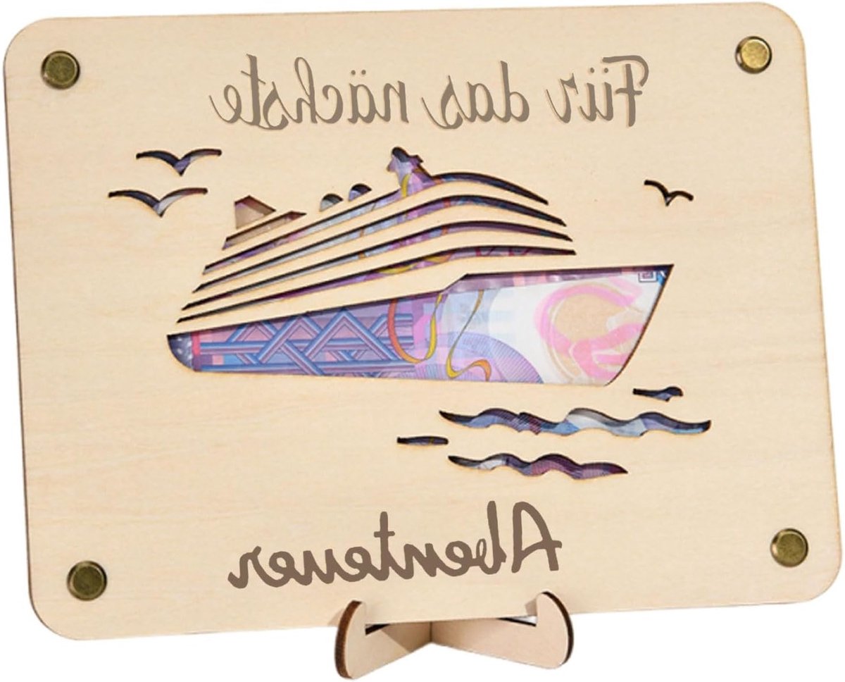 Houten Geldcadeau met Scheepvaartontwerp en Stand - Perfect voor Cruises, Trouwen en Verjaardagen (20 x 15 cm) - Creatief Geschenk voor Mannen en Vrouwen, Uniek en Duurzaam