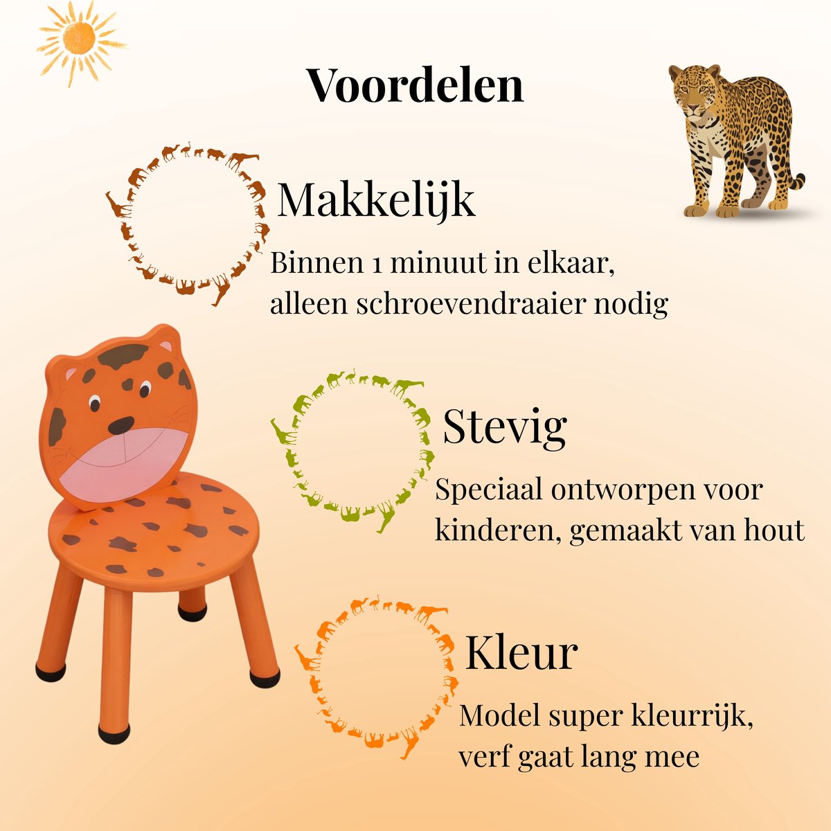 BDGoods Kleuterstoel Tijger - Houten Kinderstoel 2-4 Jaar