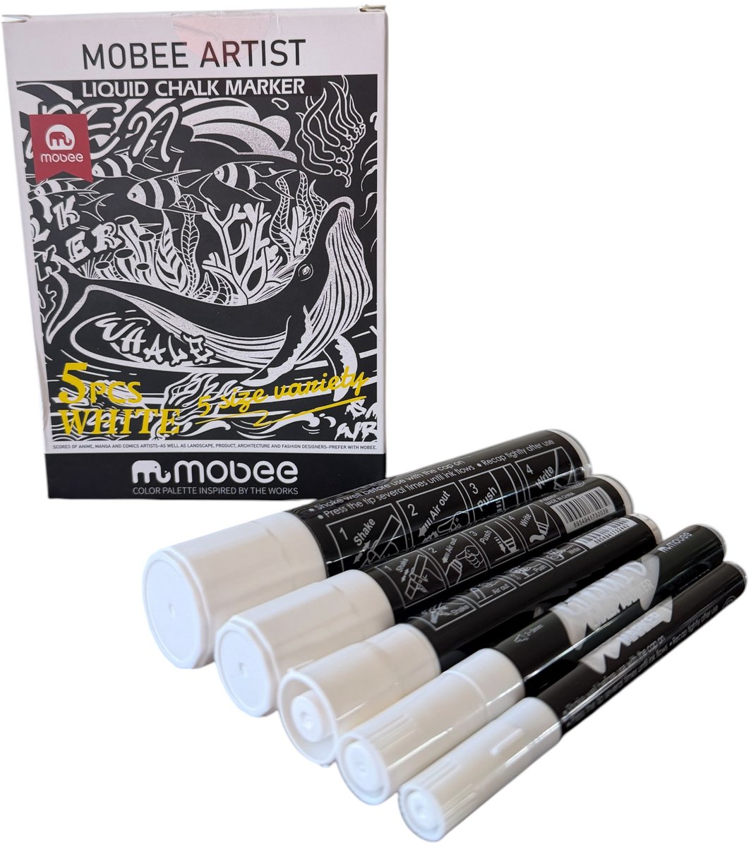 Mobee - Krijtstiften - Jumbo - Chalkmarker - Big Tip - Raamstiften - Wit - 5 diktes