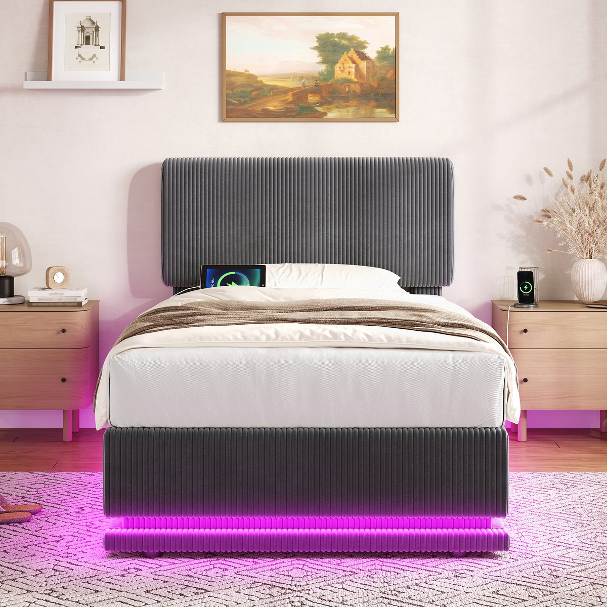 VVBV Bed met opbergruimte 90x200 / Eenpersoonsbed 90x200 – met LED-Verlichting, USB, USB-C, Stopcontact, Lattenbodem – In Hoogte Verstelbaar Hoofdbord Gray
