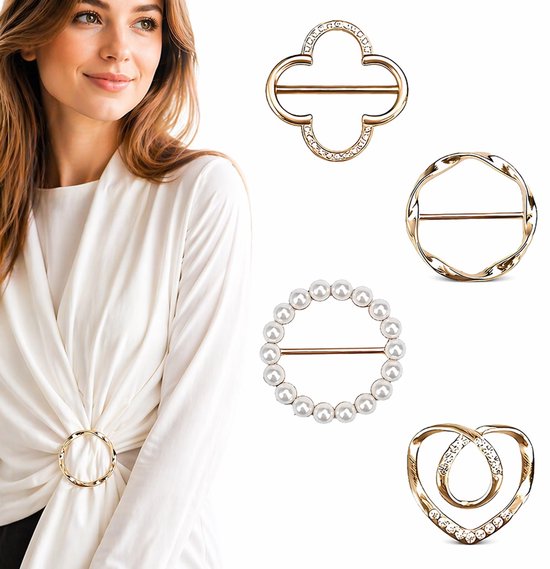 Model met witte top en gouden cirkel clip. Vier voorbeelden van gespen ernaast.