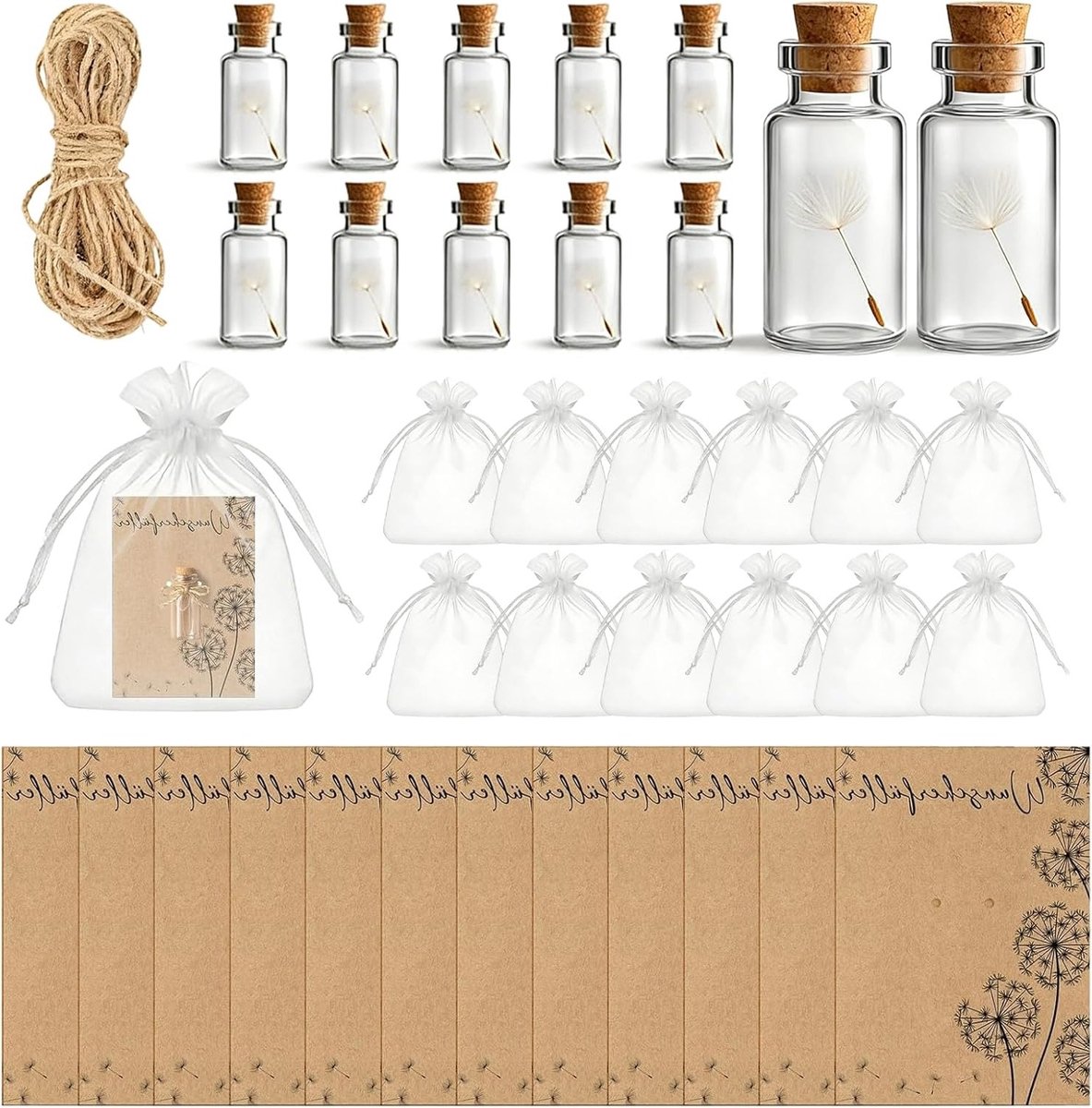 Set van 12 kleine wensvullers met echte paardenbloemen in glas, perfect als bedankje of geluksbrenger voor elke gelegenheid zoals Kerstmis, verjaardag of bruiloft