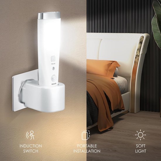 Twee LED-nachtlampjes, met stekker, 4 functies: nachtlampje met bewegingssensor, oplaadbaar basisstation, noodverlichting (stroomuitval), zaklamp en werklamp, noodverlichting voor gangen, trappenhuizen en slaapkamers. — afbeelding 5