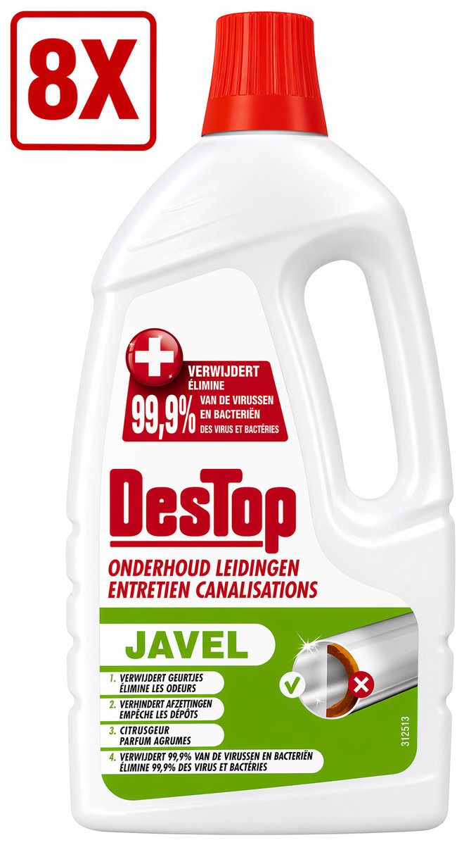 8 x DesTop - Onderhoud Leidingen - Javel - 4-in-1 Werking - Citroengeur - 1,5L
