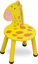 Gele kinderstoel in giraf-design, met oranje vlekken op zitting en rug.