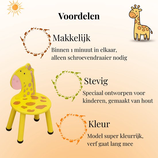 Houten kinderstoel in giraf-design, geel met oranje vlekken. Makkelijk, stevig en kleurrijk.