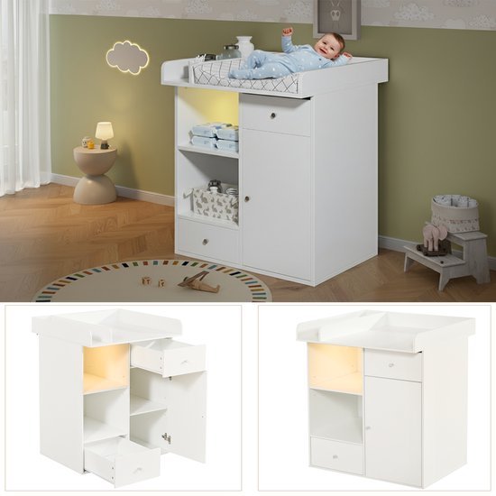 Verschoontafel - 80x75x100 Cm Wit Met Instelbare Led, 2 Laden En Veilige Verschoonzone - Opbergmeubel Voor Babykamer