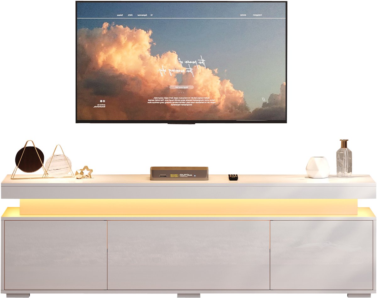 Lemlit Woonkamerkast 150x35x43 cm - TV-meubel - opbergkast met drie deuren - lage kast met LED-verlichting - stijlvol en eenvoudig - modern - wit