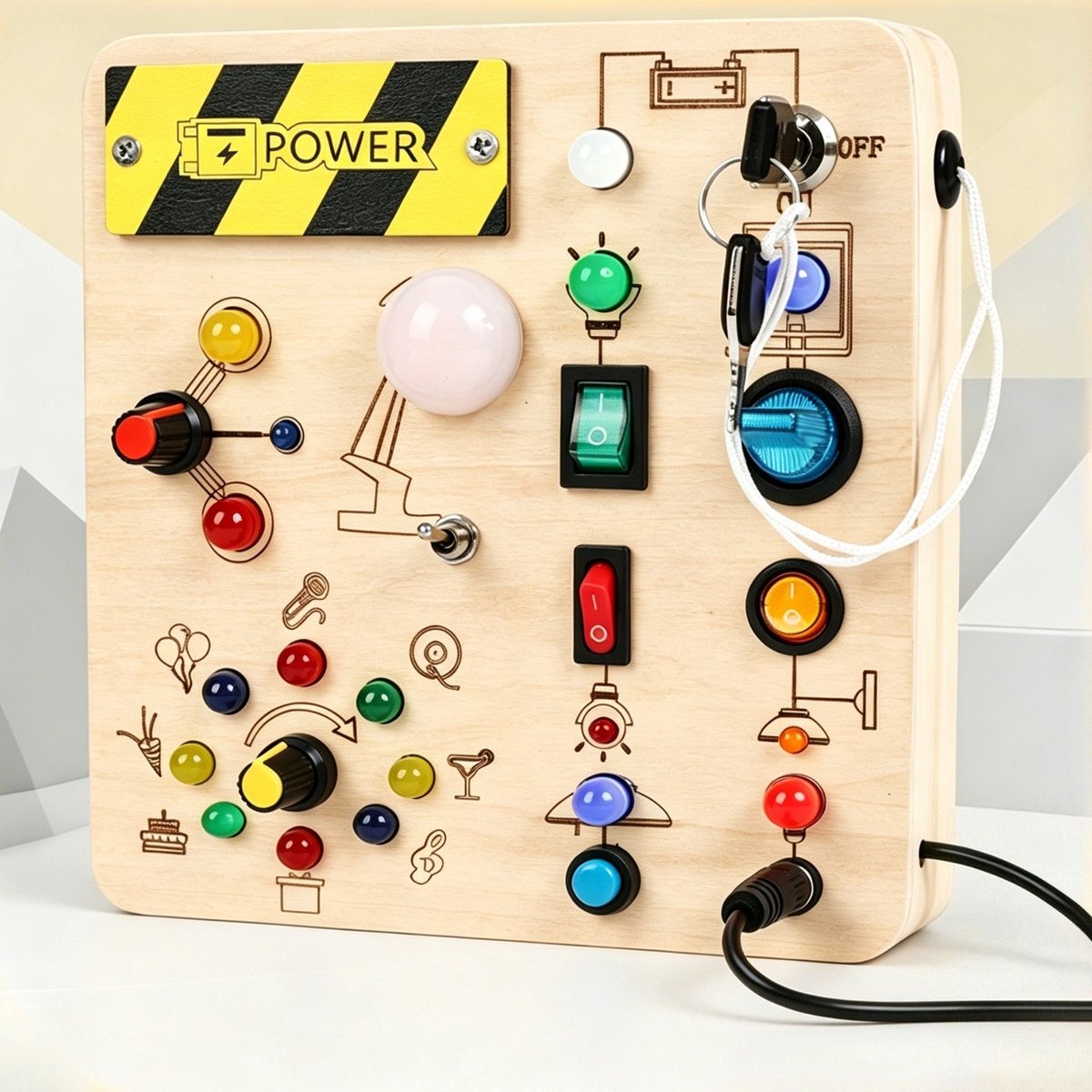 Houten Activiteitenbord Met Led-verlichting – Montessori-speelgoed Met Schakelaars Voor Peuters – Zintuiglijk Interactief Bord Met Sleutels En Stekkers – Voor Het Trainen Van Fijne Motoriek En Hand-oogcoördinatie – Educatief Reisgeschenk