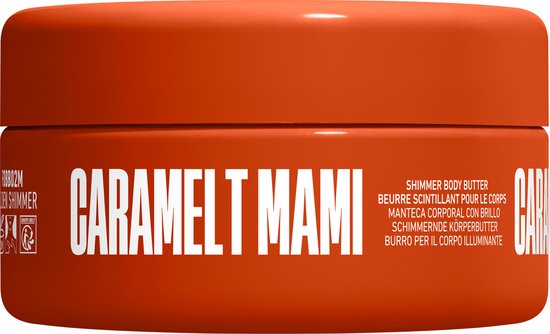 Orange pot van "Fat Oil Shimmer Body Butter" in de geur "Caramelt Mami" op een witte achtergrond.
