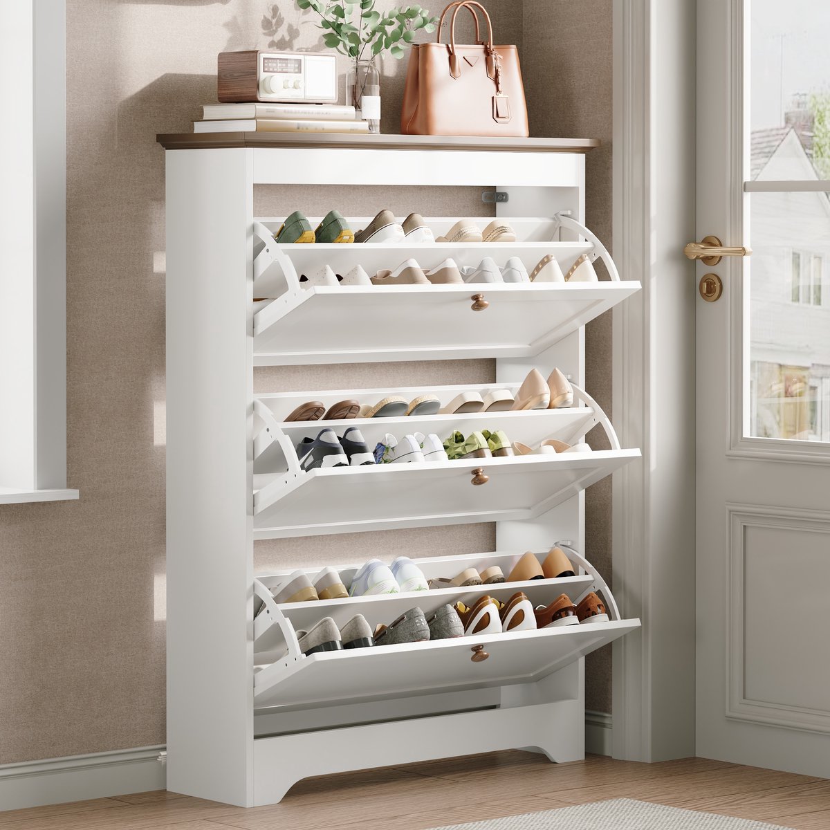 MODENUIT Schoenenkast - Smal Model Met 3 Kleppen En Bovenblad Voor Hal En Balkon - MDF - Wit Met Bruin - 87x26x120 Cm