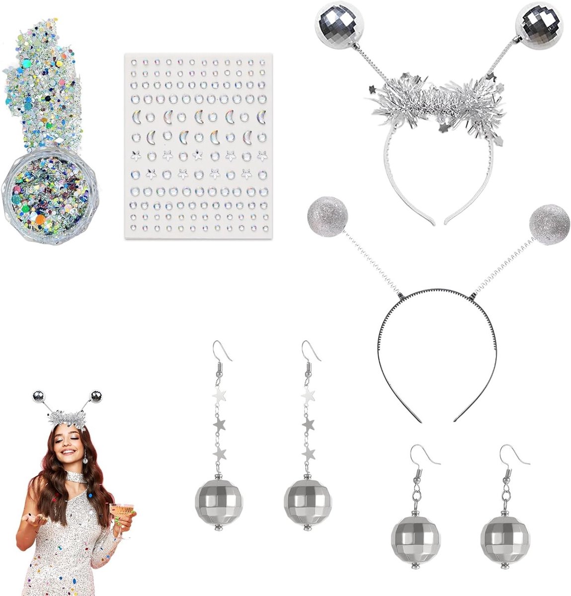Alien Kostuumaccessoires: 2 Zilveren Disco Bol Hoofdbanden, 2 Paar Oorbellen en 1 Holografische Diamant voor Halloween en Feestjes