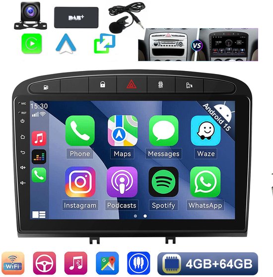9-inch Android 15 autoradio Peugeot 308 408 (2007-2013) 4GB RAM 64GB opslag GPS DAB+ Bluetooth CarPlay Auto