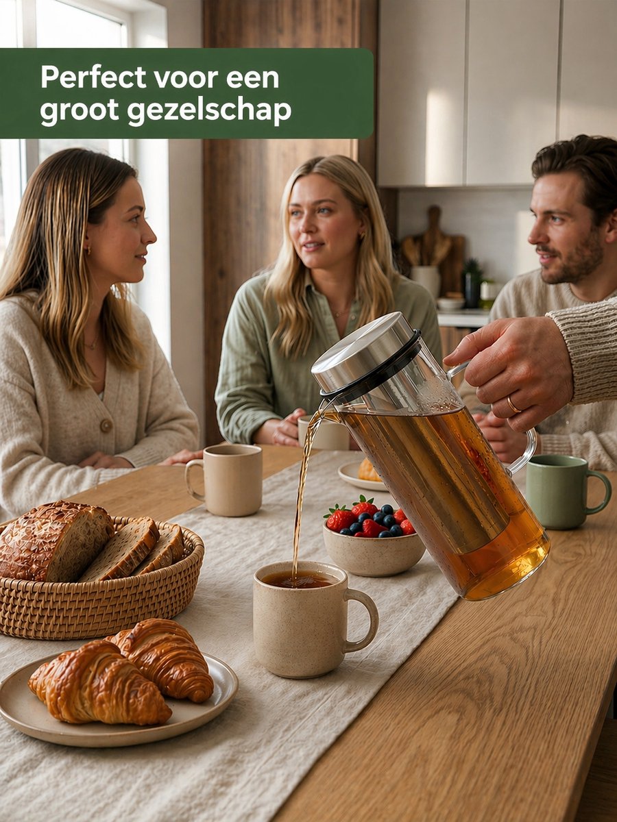 Aterra Waterkan Glas 1,5L met RVS Infuser (Karaf) - Borosilicaatglas - Hittebestendig - Losse Thee, Cold Brew & Fruitwater - BPA-vrij - Druppelvrij - Vaatwasmachinebestendig - Past in Koelkast — afbeelding 5
