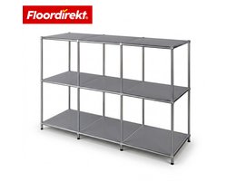 FLOORDIREKT Metalen Rek Concept Epure MK-018 - Open staand rek met 3 planken - Sideboard & lowboard van metaal - 116 x 40 x 82 cm - Grijs - Modern design - Voor woonkamer, kantoor & hal - Stevig en veelzijdig - Verkrijgbaar in verschillende kleuren