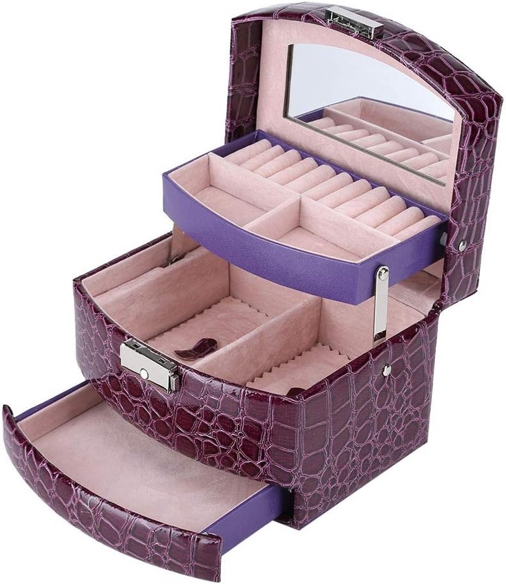 Sieradenopbergdoos voor Kettingen en Ringen met Moderne Sluiting en Spiegel, Vintage Design voor Dames en Thuisgebruik (Paars)