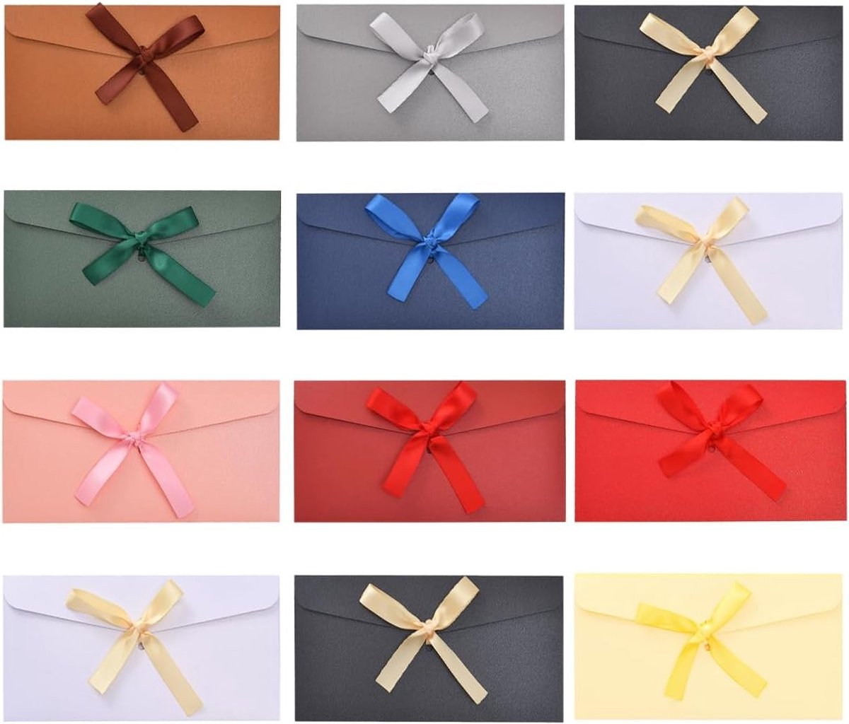 Kleurige Kraft Papieren Enveloppen met Strik - 12 Stuks, 22x10cm, Perfect voor Uitnodigingen, Verjaardagskaarten en Postkaarten