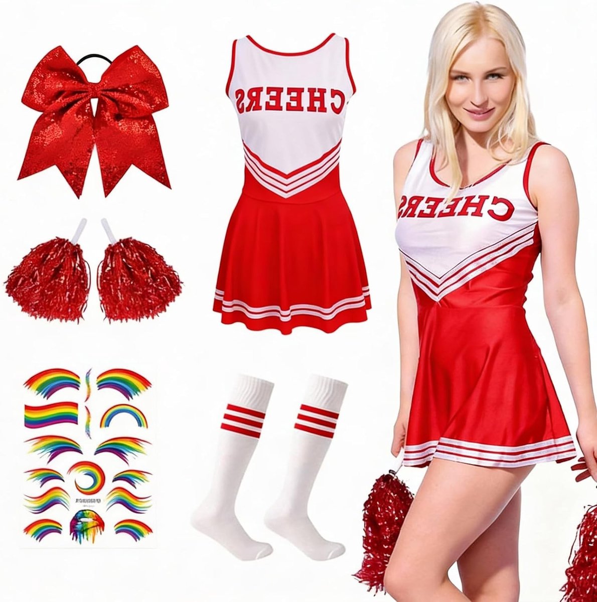 Vrouwelijk Cheerleader Kostuum met Pompoms, Sokken en Haaraccessoires voor Carnaval en Halloween Rollenspel