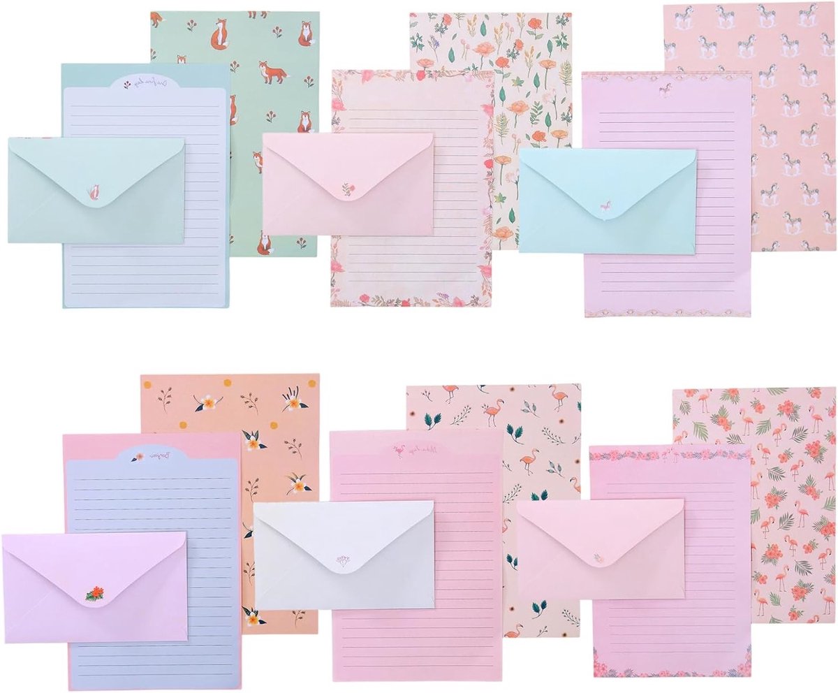 Elegante briefpapierset met 36 A5-vellen en 18 enveloppen, 6 bloemendesigns, inktbestendig, perfect voor brieven, gedichten en uitnodigingen