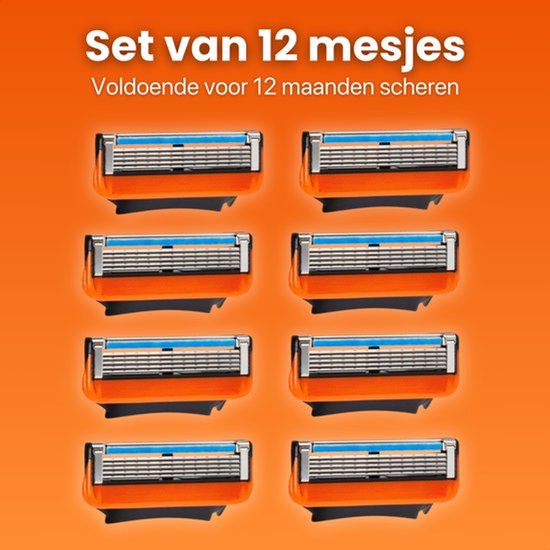Set van 12 Ecotivity scheermesjes met oranje houders, voldoende voor 12 maanden scheren.