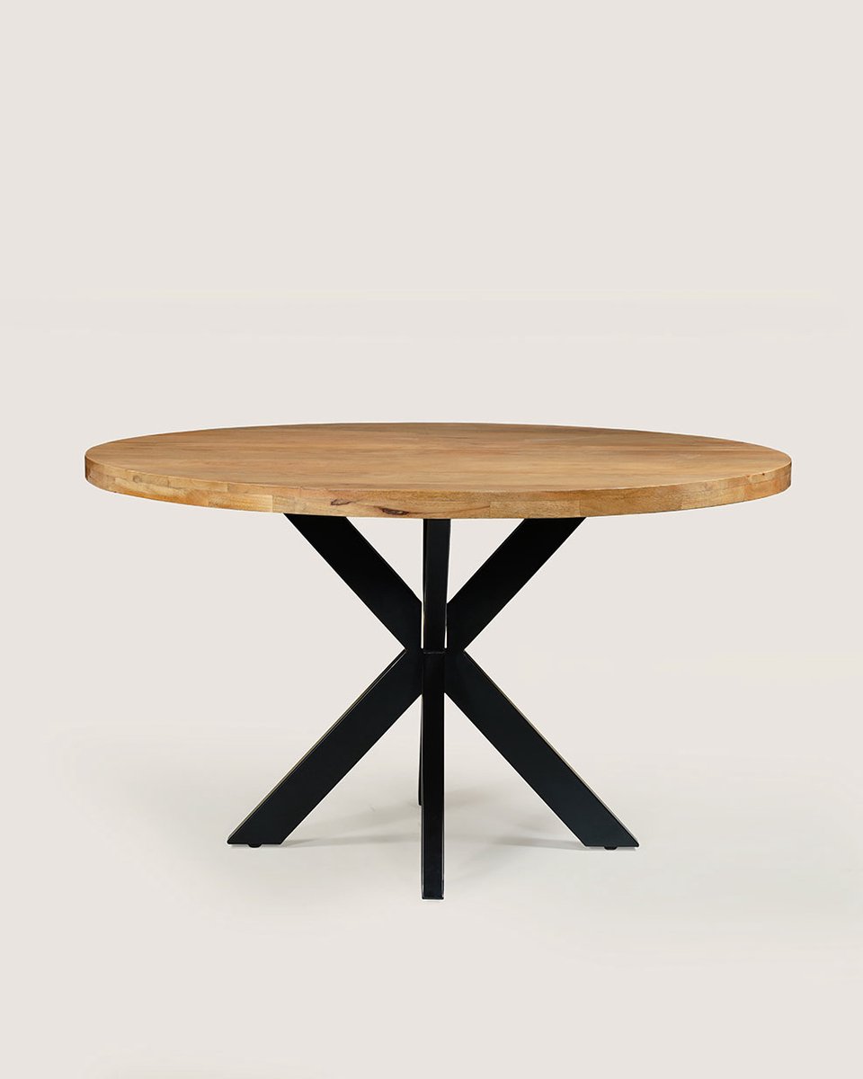 Ronde Eettafel 130 cm Mangohout – Zwart Metalen Matrix Onderstel – Industrieel – 5-6 Personen