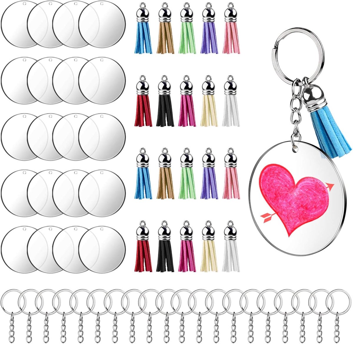 Sander Shop 60 Stuks DIY Sleutelhanger Acryl, Transparante acryl Sleutelhangers met Kwasthanger, Acryl-Sleutelhanger, Sleutelhangerset Blanks Voor Doe-Het-Zelf Projecten en Ambachten (Ronde)