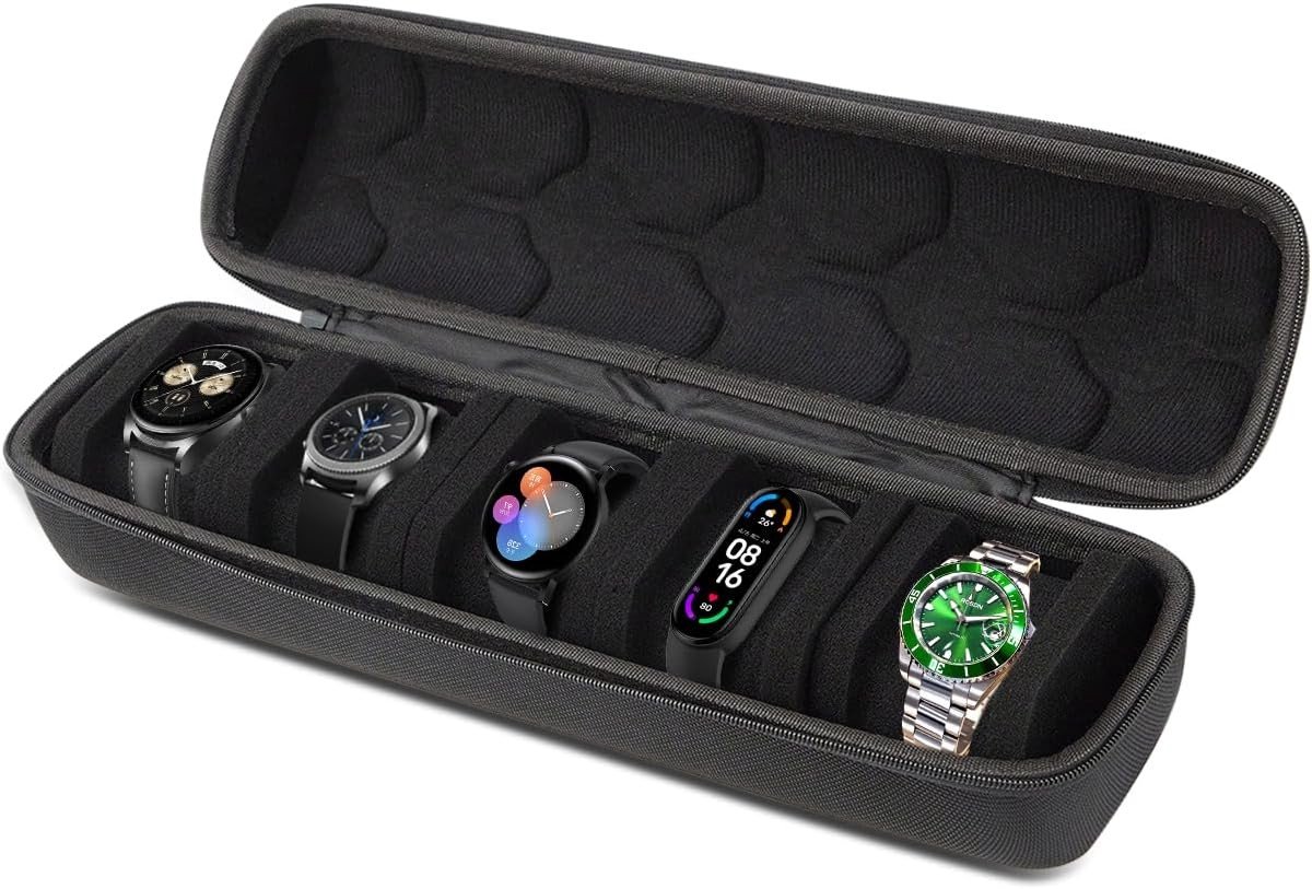 Reis-horlogedoos met 5 vakken en uitneembare kussens, stevige opbergdoos voor horloges, ideaal voor reizen en bescherming van uw horlogecollectie