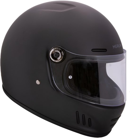 Matzwarte Merlin motorhelm met doorzichtig vizier en Merlin logo op de zijkant.