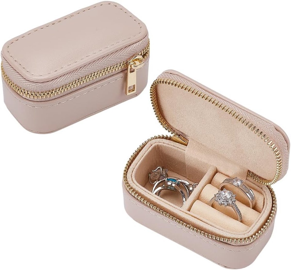 Mini Sieraden Case 2 Stuks - Khaki PU Lederen Reisdopjes voor Ringen en Kettingen met Fluwelen Voering - Ideaal voor Kleine Accessoires en Organisatie