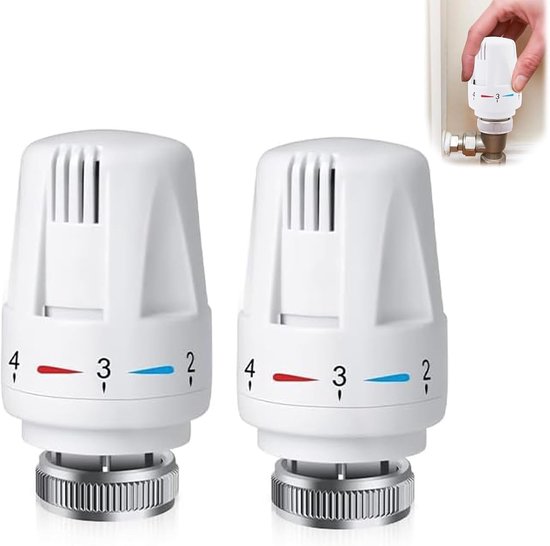 Twee witte thermostaatknoppen met schaalverdeling 1-4, met metalen ring aan de onderkant.