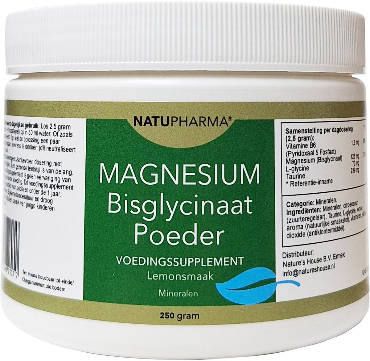 Natupharma Magnesium Bisglycinaat Poeder 125 mg Lemonsmaak 250gram