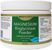 Pot met "MAGNESIUM Bisglycinaat Poeder Lemonsmaak" van Natupharma. Wit deksel, groen en wit etiket met productinformatie en ingrediënten.