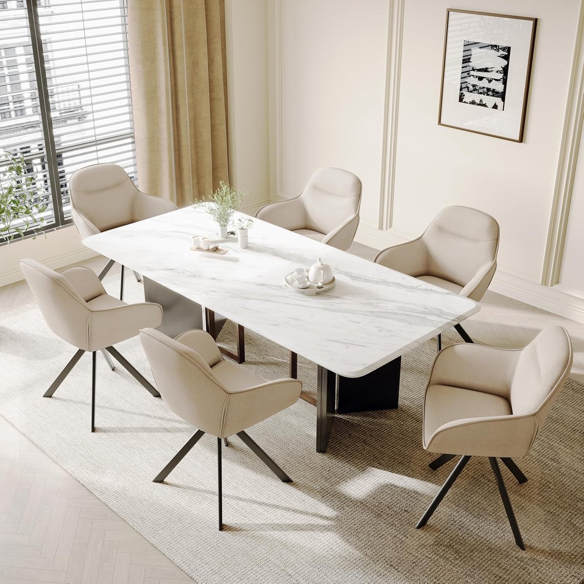 Draaibare Eetkamerstoel Set van 2 met Armleuningen 52,5x52,5x83 cm Beige – 360° Gestoffeerde Keukenstoel, Comfortabele Stoel met Metalen Poten, Ergonomische Rugleuning voor Eetkamer Keuken Kantoor – Vermissen