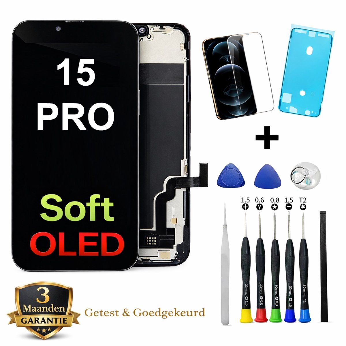 iPhone 15 PRO OLED Scherm Vervanging – Premium Soft OLED Display - 120 Hz – Inclusief Complete Reparatieset, Gereedschap, Screenprotector en Plakstrip