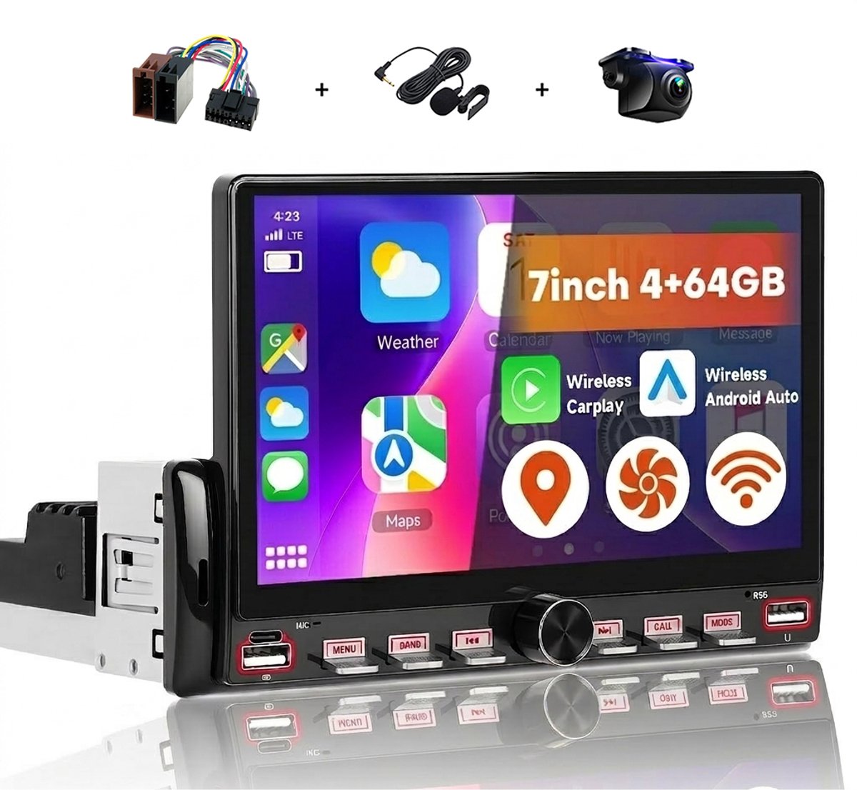 Boscer 1DIN Autoradio Universeel - 4+64GB Android 15 - Draadloze Apple CarPlay & Android Auto - 7 Inch HD IPS Touchscreen - Met Interne Koeling & Vernieuwd Bedieningspaneel - GPS, Bluetooth, WiFi - Achteruitrijcamera & Microfoon