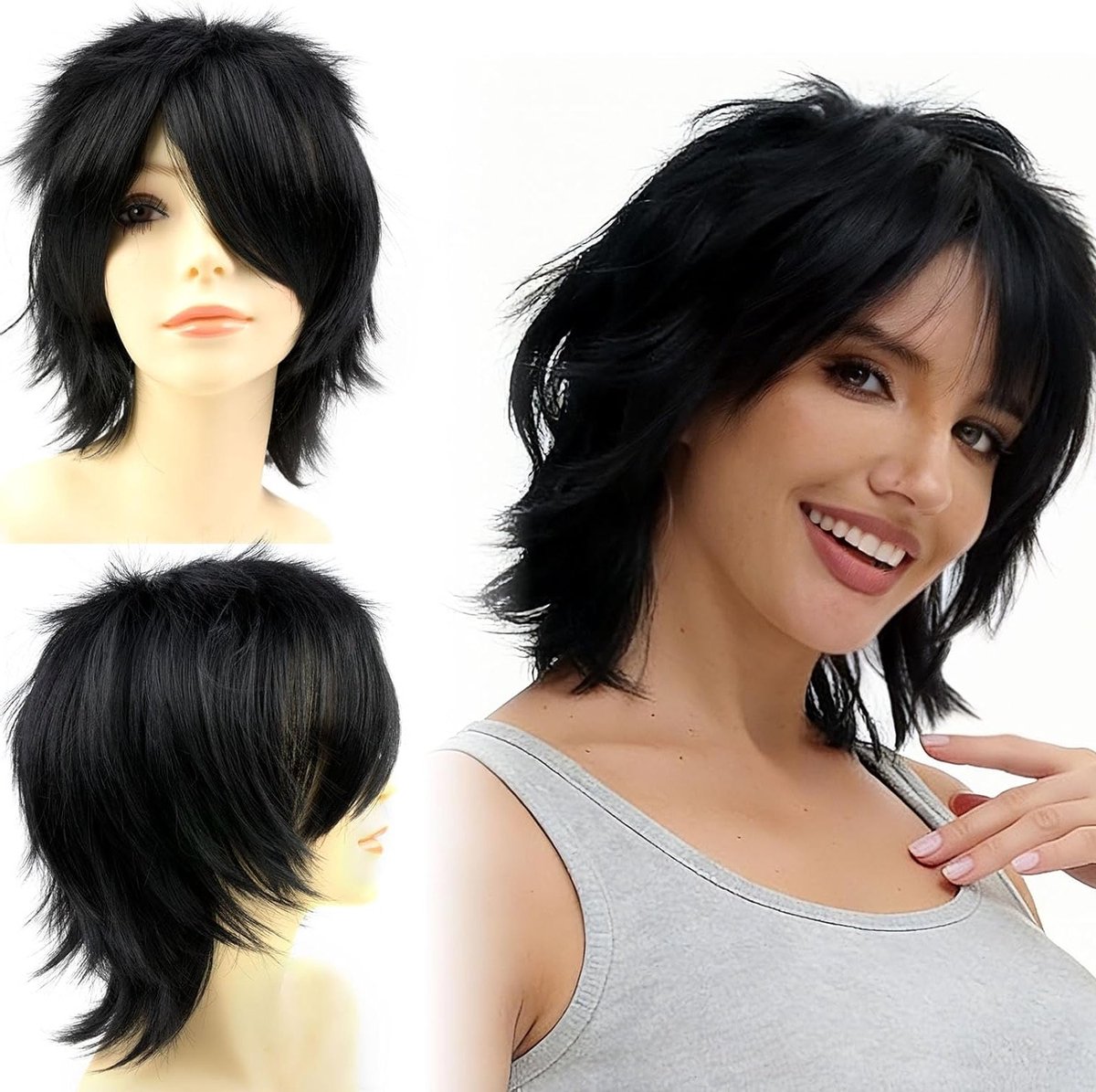 Korte Zwarte Anime Peruk voor Cosplay, Halloween Kostuum en Carnaval - Perfecte Haarstijl voor Feestjes