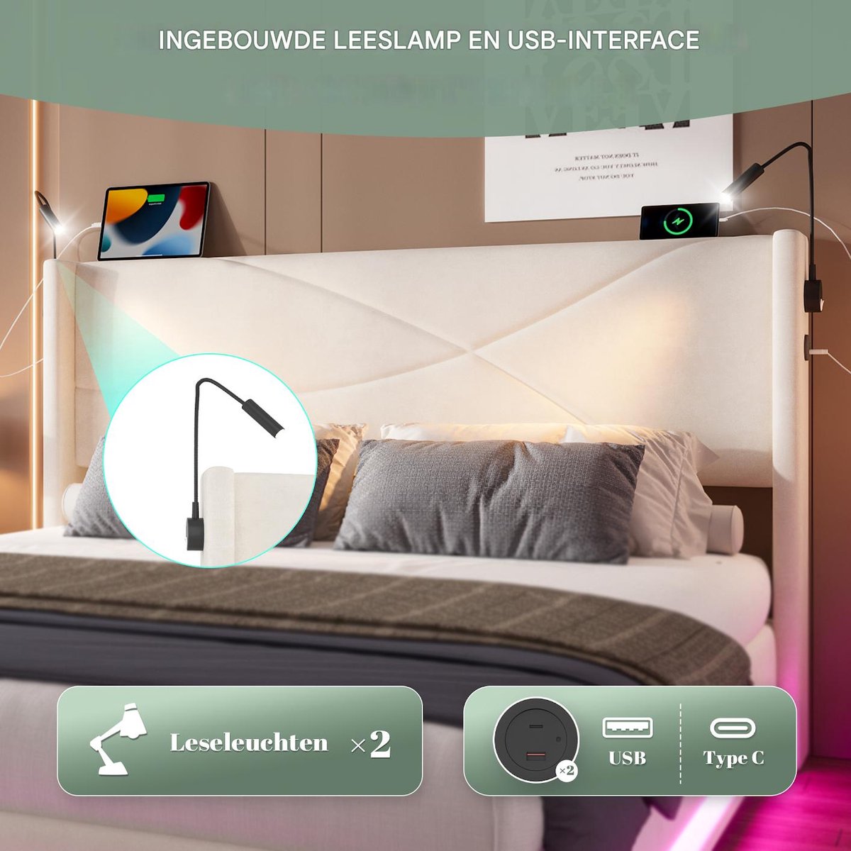 VVBV Hydraulisch Opbergbed 140x200 cm met Leeslamp, Lattenbodem - USB, LED-Verlichting, Hy