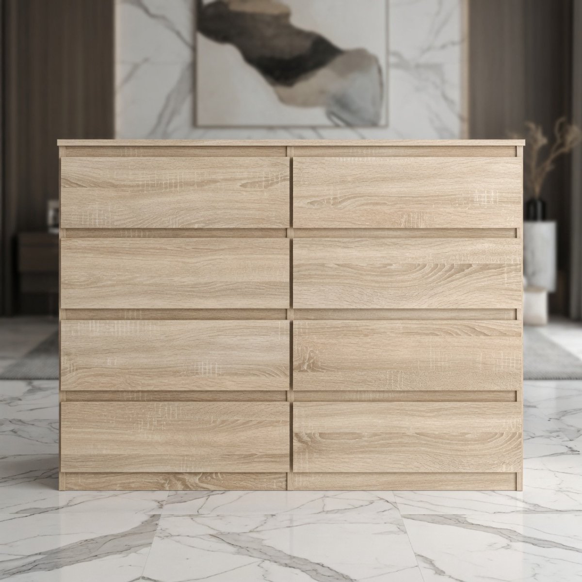 Mobili Bella Sonoma Mat Dressoir 8 Lades – Smalle Ladekast 120 cm – Commodekast Woonkamer & Slaapkamer – Ruime Opbergkast met 8 Schuifladen – Sonoma Eiken / Antraciet
