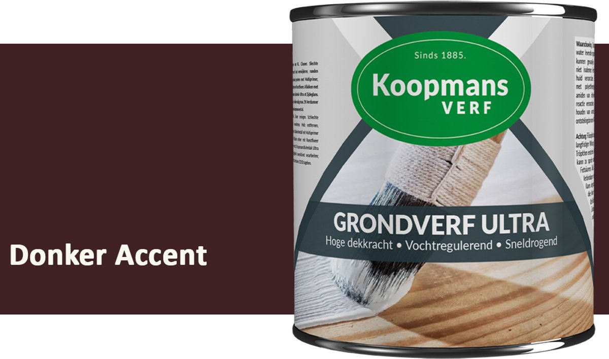 Koopmans Grondverf Ultra – Grondverf Hout & Metaal Binnen en Buiten – Vochtregulerende Primer – Hoge Dekking – Zijdeglans – Donker Accent – 750 ml