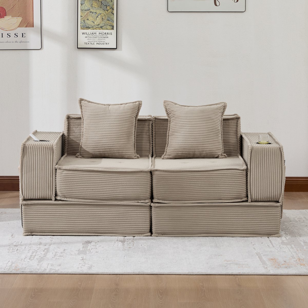 MIVRAY Zitbank 162 x 78 x 66 cm - Modulaire Leeshoek Met Zijvakken En 2 Kussens - Woonkame