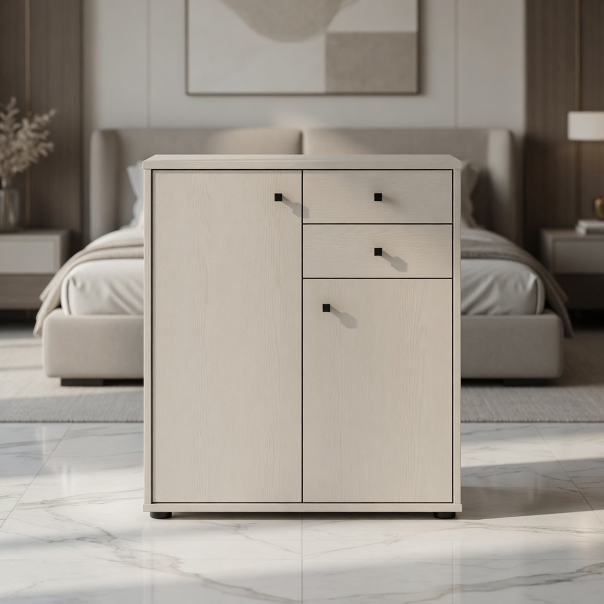 Moderne Commode met 2 Laden en 2 Deuren Kasjmier Beige – Compact Dressoir / Opbergkast voor Slaapkamer, Woonkamer en Kantoor 73,7 cm – Mobili Bella